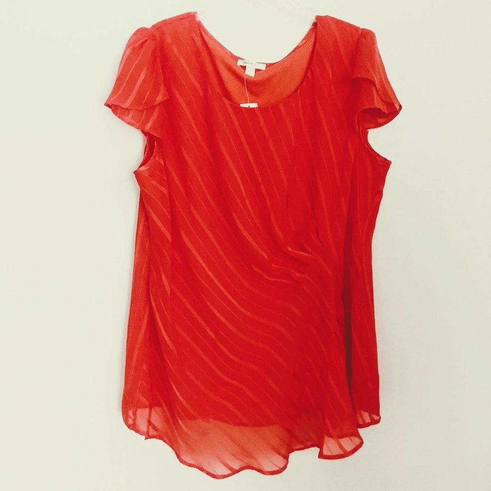DRESSBARN Coral Chiffon Style Blouse Cap Sleeve Lined Ruffled Holiday Party Wear
